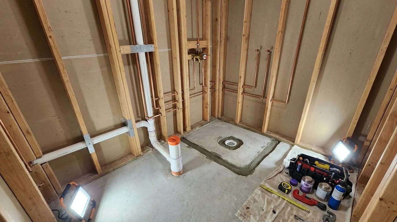 Bathroom rough-in plumbing during remodel by Johns Plumbing LLC in Whitesboro