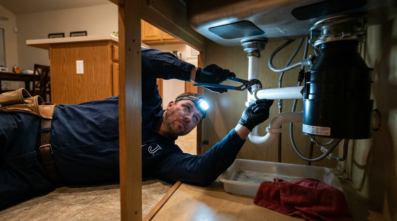 P-trap and supply line connections under a kitchen sink showing a common leak point in Whitesboro, NY